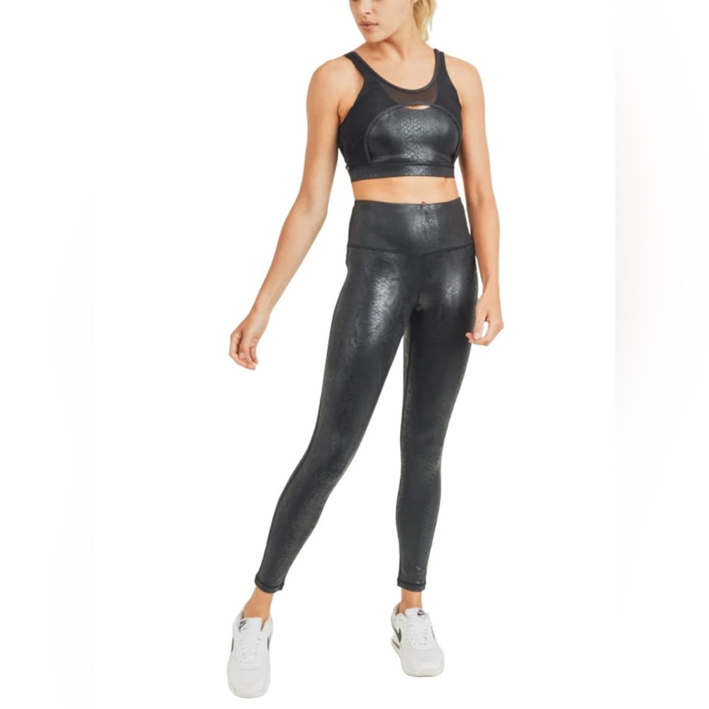 Mono B Black Glossy Shadow Snake Mesh Sports Bra & Legging Set